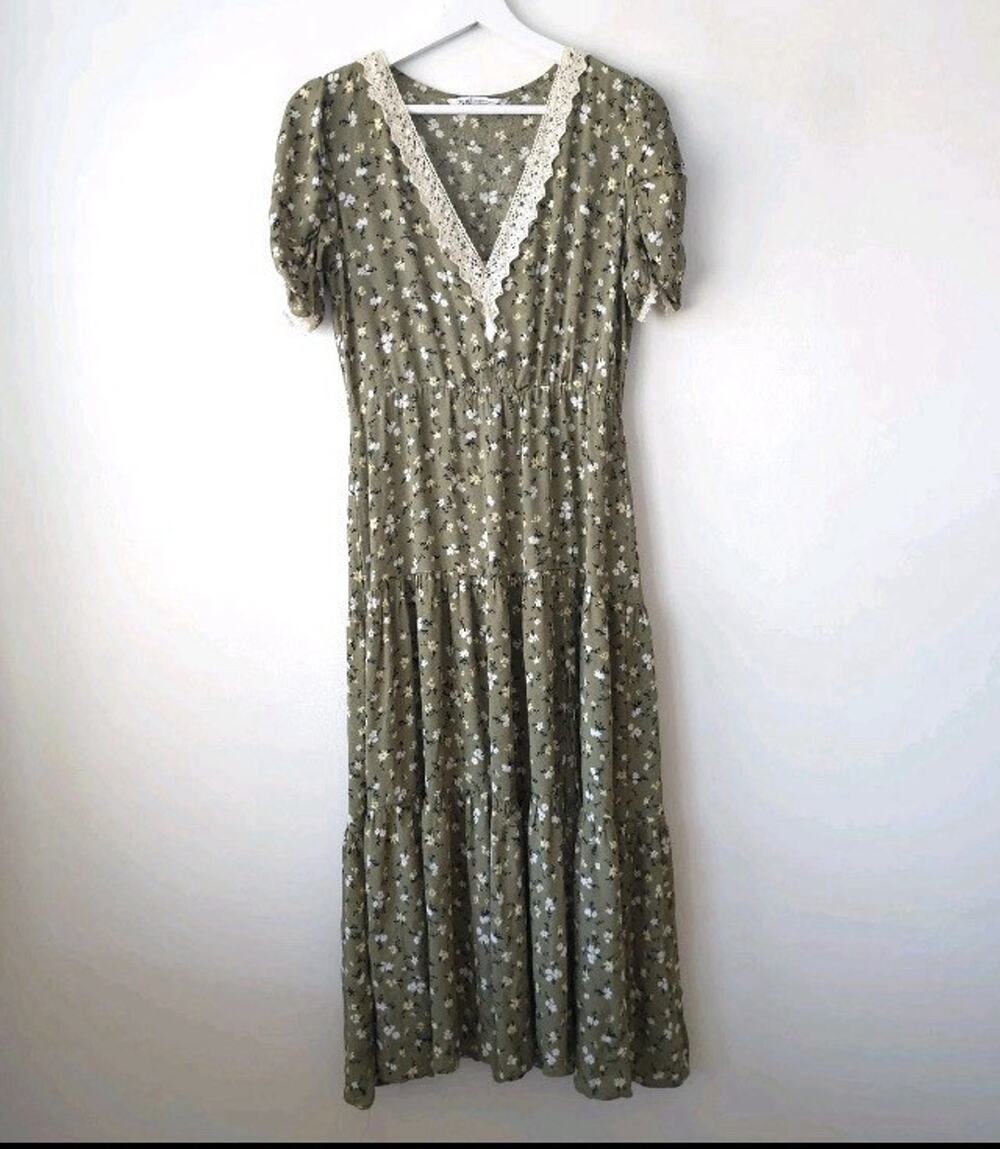 Zara Green Floral Tea Lace Midi Dress Size S Small ASO Kate Middleton